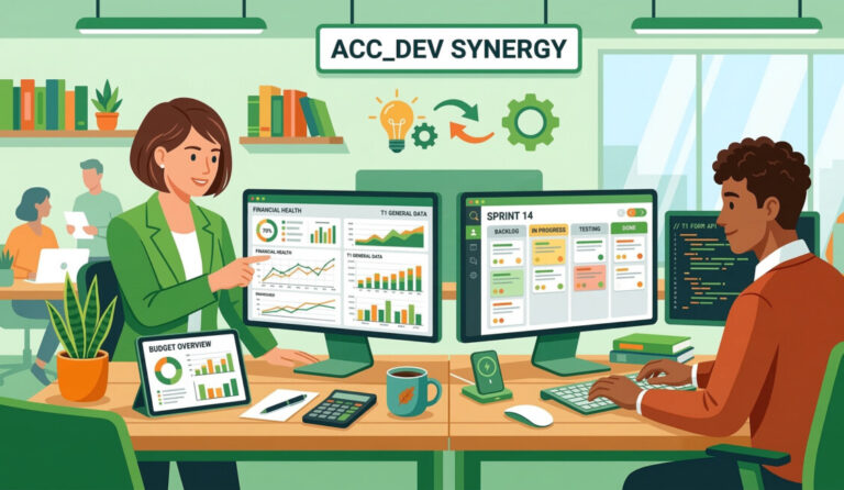 "A flat illustration of a modern accountant working harmoniously with a software developer. The accountant has financial charts, and the developer has agile sprint boards. The color palette should feature vibrant greens and oranges to convey a fresh, modern, and collaborative business environment."