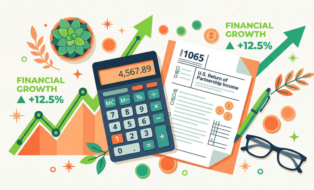 "A modern, vibrant flat-lay illustration featuring a calculator, a tax document labeled '1065', and a green upward-trending graph. The color palette should prominently feature bright greens and warm oranges against a clean, light background to convey financial growth and tax relief."