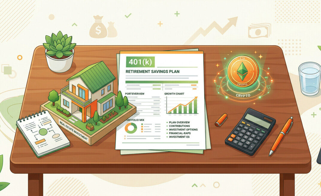 "A clean, modern, and professional flat-lay illustration of a corporate desk. On the desk, there is a financial document with a '401(k)' heading, a glowing digital cryptocurrency coin, and a small architectural model of a house representing real estate. The color palette should feature vibrant greens and warm oranges to evoke a friendly yet professional financial atmosphere. High quality, vector style."
