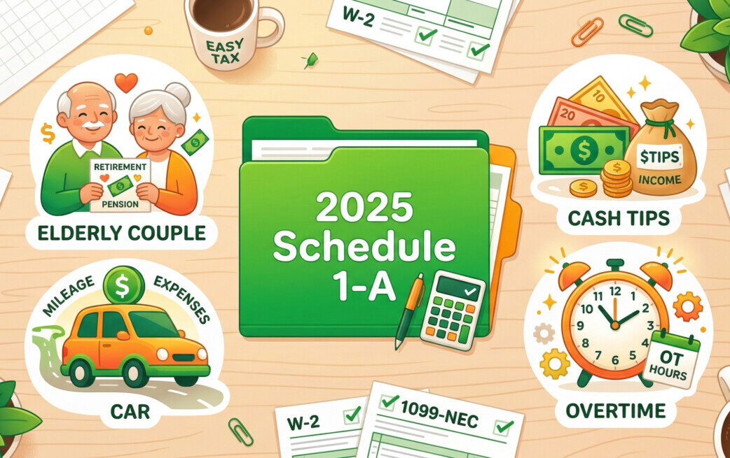 A friendly, modern flat-lay illustration of a green tax folder labeled '2025 Schedule 1-A', surrounded by stylized icons representing cash tips, a clock (for overtime), a car, and an elderly couple. The color palette should feature vibrant greens, warm oranges, and clean whites, conveying a sense of financial relief and easy tax preparation.