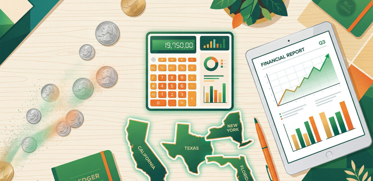 A modern, clean flat-lay illustration showing a calculator, state maps of the USA, a digital tablet with charts, and coins disappearing, all stylized in a professional green and orange color palette.