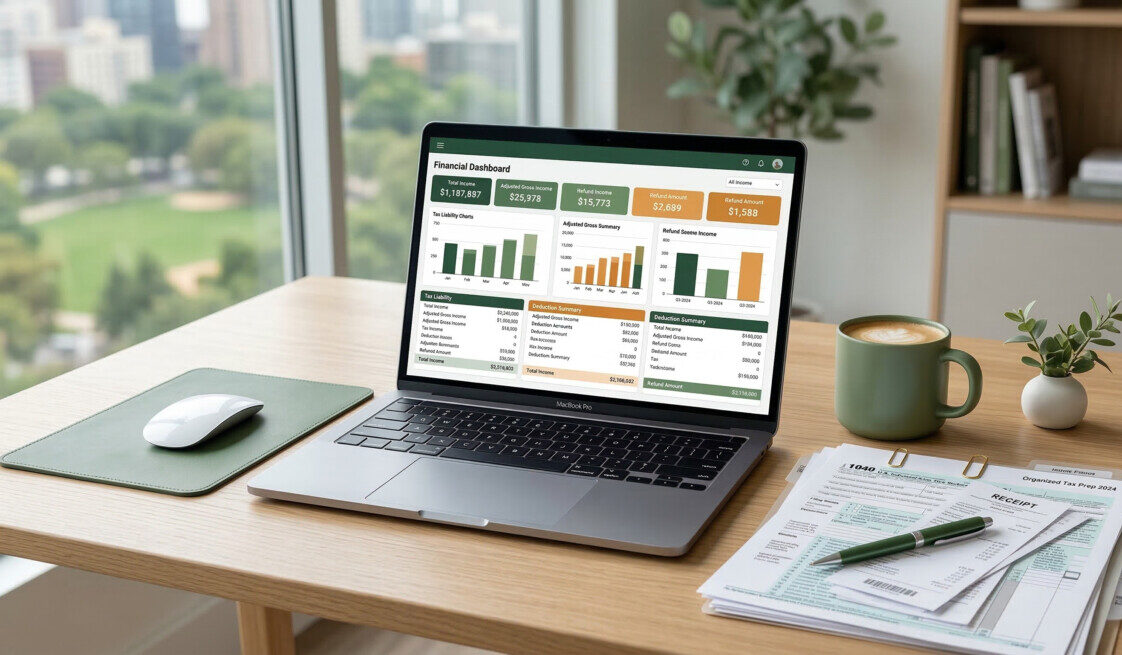 "A clean, modern workspace with a laptop displaying a financial dashboard in green and orange tones, next to a cup of coffee and some organized tax documents. The setting should feel professional, calming, and focused, representing an efficient tax preparation process."