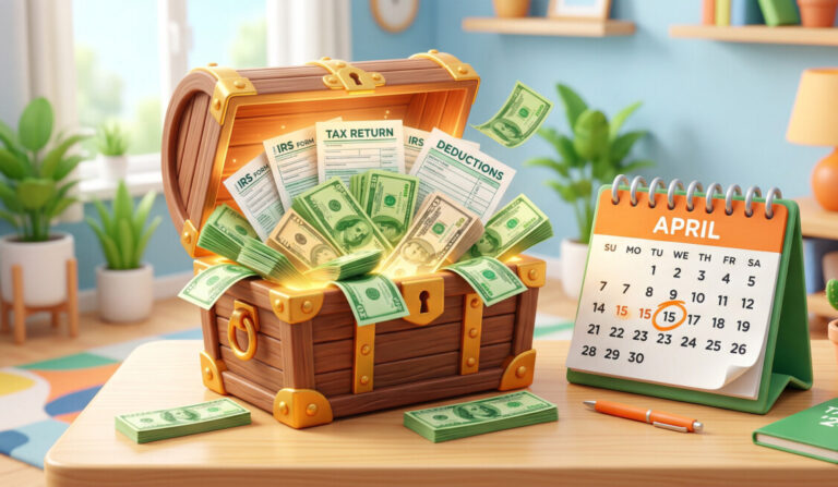 "A vibrant, friendly 3D illustration of a glowing open treasure chest overflowing with green dollar bills and tax forms. Beside it, a desk calendar explicitly showing the date 'April 15' circled in orange marker. The scene is brightly lit, evoking a positive, optimistic feeling, utilizing a color palette primarily composed of fresh greens and warm oranges to match a modern blog style."