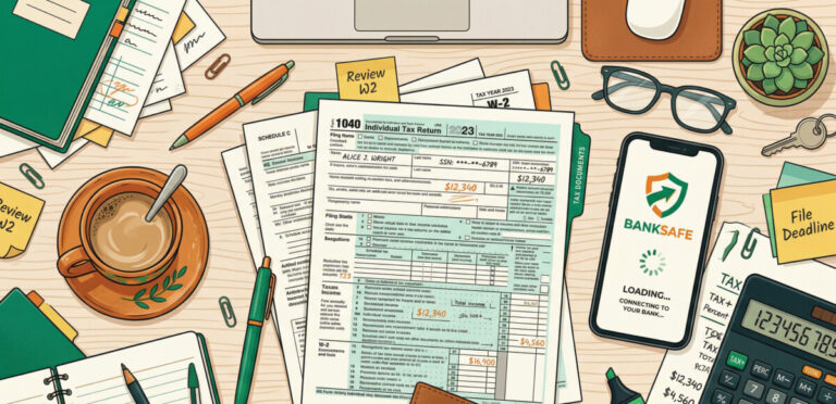 "A highly professional and clean flat-lay illustration of a messy desk with tax forms, a calculator, a coffee cup, and a smartphone displaying a loading screen with a bank icon. The color palette should feature vibrant greens and warm oranges to evoke a friendly, informational financial blog aesthetic."