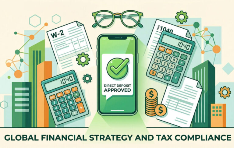 "A vibrant, modern flat-lay illustration showing a smartphone with a green 'Direct Deposit Approved' notification, surrounded by tax documents, a calculator, a pair of glasses, and a small stack of gold coins, utilizing a fresh green and light orange color palette."