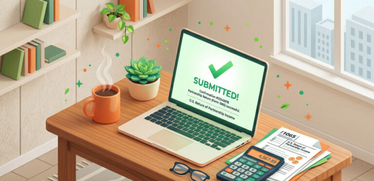 "A bright, inviting modern office desk with a laptop displaying a green checkmark indicating successful submission. Next to the laptop is a small, organized stack of documents and a steaming cup of coffee. The overall color palette should emphasize vibrant greens and warm oranges to evoke a sense of relief, financial clarity, and approachability. 3D isometric illustration, clean lighting."