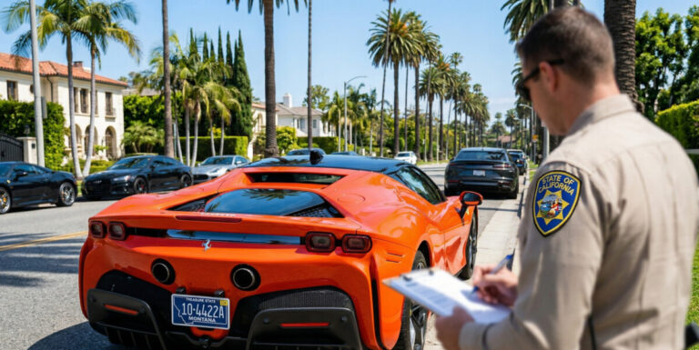 "A highly detailed, photorealistic image of a sleek luxury sports car parked on a sunny palm-tree-lined street in Beverly Hills, California. The car features a prominent, distinct Montana license plate. In the foreground, a slightly blurred state official holding a clipboard is inspecting the vehicle. Bright, vibrant colors with a professional, journalistic tone." 
