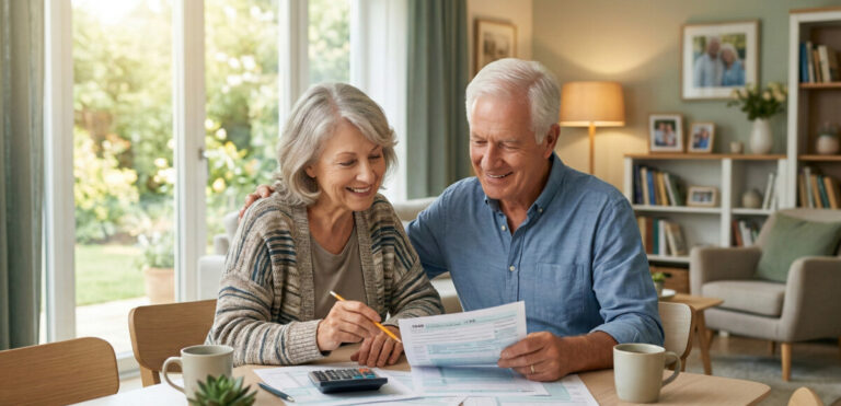 "A warm, inviting, and professional photograph of an active senior couple sitting at a bright dining table, comfortably reviewing tax documents together. They are smiling and looking relieved. Soft natural lighting, modern home setting, conveying a sense of financial security and peace of mind." 