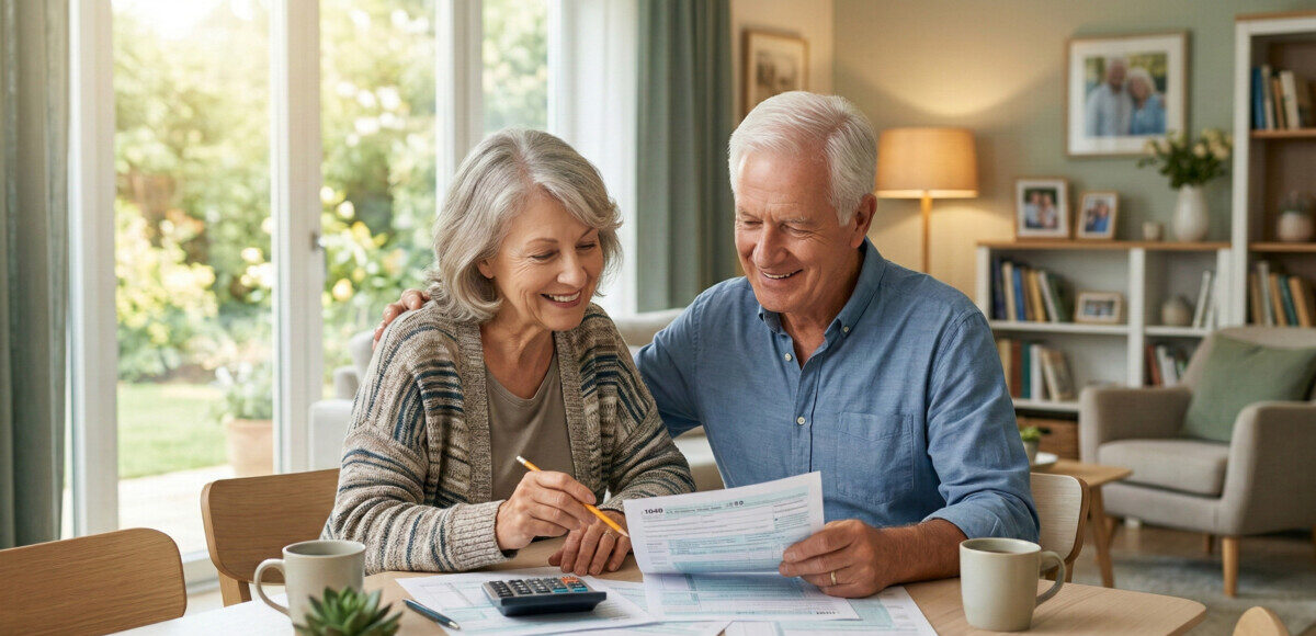 "A warm, inviting, and professional photograph of an active senior couple sitting at a bright dining table, comfortably reviewing tax documents together. They are smiling and looking relieved. Soft natural lighting, modern home setting, conveying a sense of financial security and peace of mind." 