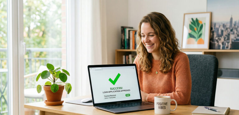 "A clean, modern workspace with a smiling person looking at a laptop screen showing a bright green checkmark. Soft, natural lighting. A small potted plant and a cup of coffee are on the desk. The color palette features vibrant green and subtle orange accents to convey a stress-free, positive financial accomplishment."