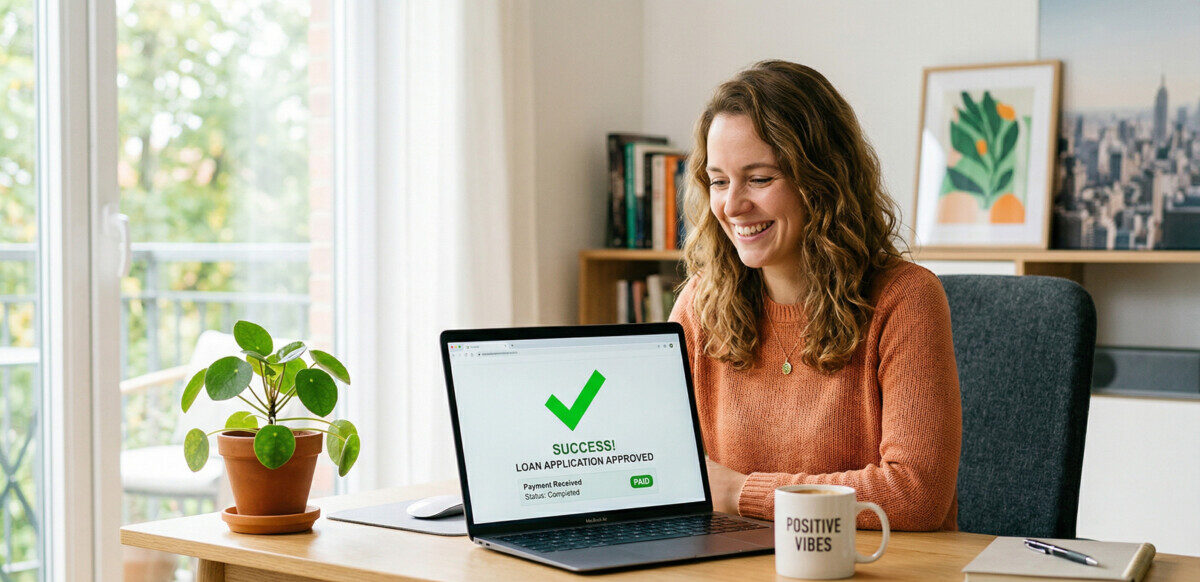 "A clean, modern workspace with a smiling person looking at a laptop screen showing a bright green checkmark. Soft, natural lighting. A small potted plant and a cup of coffee are on the desk. The color palette features vibrant green and subtle orange accents to convey a stress-free, positive financial accomplishment."