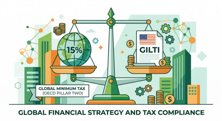 "A highly professional, modern flat-design illustration showing a balancing scale. On one side, a globe with the text '15% Minimum Tax' representing the OECD Pillar Two. On the other side, a document with the US flag and 'GILTI' written on it. Green and orange color palette, corporate business style, conveying global financial strategy and tax compliance, clean vector style."