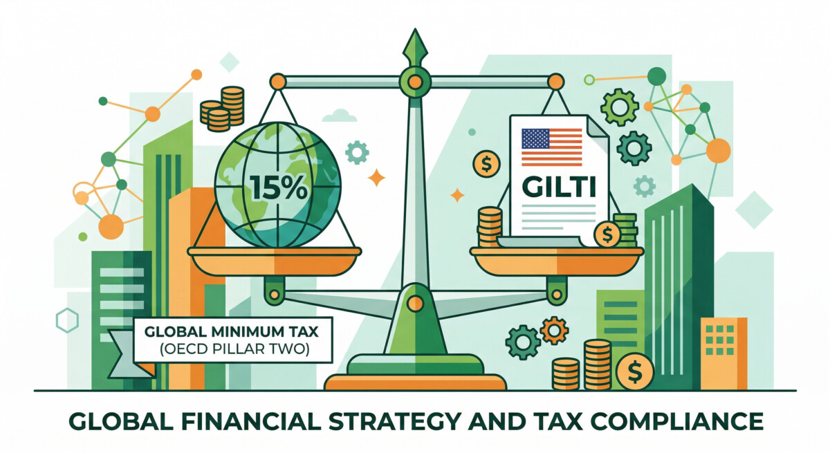 "A highly professional, modern flat-design illustration showing a balancing scale. On one side, a globe with the text '15% Minimum Tax' representing the OECD Pillar Two. On the other side, a document with the US flag and 'GILTI' written on it. Green and orange color palette, corporate business style, conveying global financial strategy and tax compliance, clean vector style."