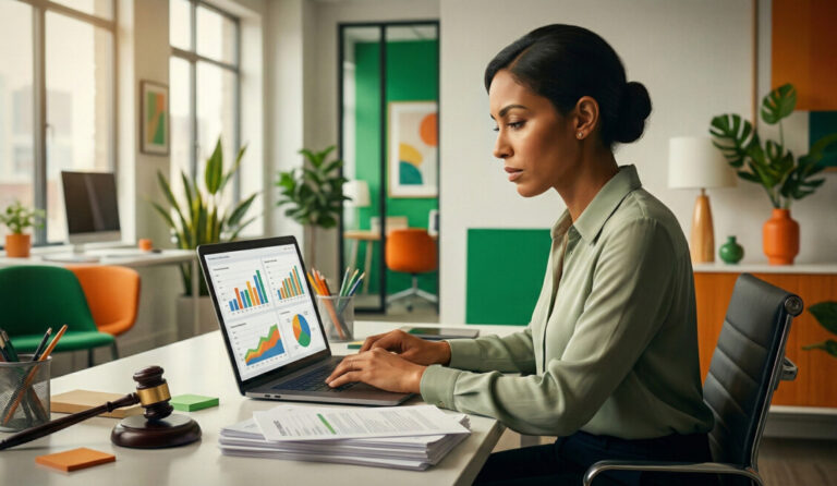 A modern, bright office setting showing a focused accountant looking at a laptop screen displaying financial charts. There are neatly stacked documents and a small, stylized judge's gavel on the desk, symbolizing legal impacts on financial accounting. Vibrant green and orange color accents in the background.