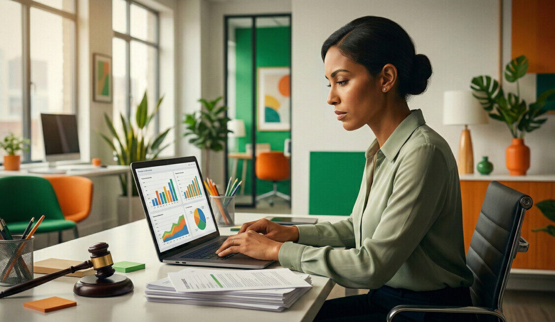 A modern, bright office setting showing a focused accountant looking at a laptop screen displaying financial charts. There are neatly stacked documents and a small, stylized judge's gavel on the desk, symbolizing legal impacts on financial accounting. Vibrant green and orange color accents in the background.