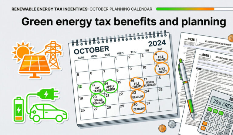 "A bright, professional flat-lay illustration showing a calendar with dates circled in green and orange, next to an electric vehicle icon, solar panels, and tax documents. The aesthetic should be modern and approachable, using a vibrant green and orange color palette to convey urgency but clarity." 