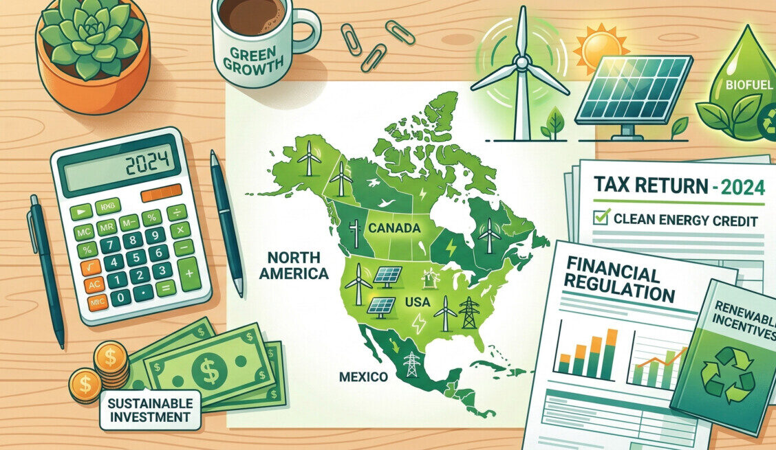 "A vibrant, modern flat-lay illustration showing a mix of clean energy icons (solar panels, biofuel drops, wind turbines) alongside tax documents, a calculator, and a map of North America, styled with a fresh green and orange color palette to represent sustainable growth and financial regulation." 