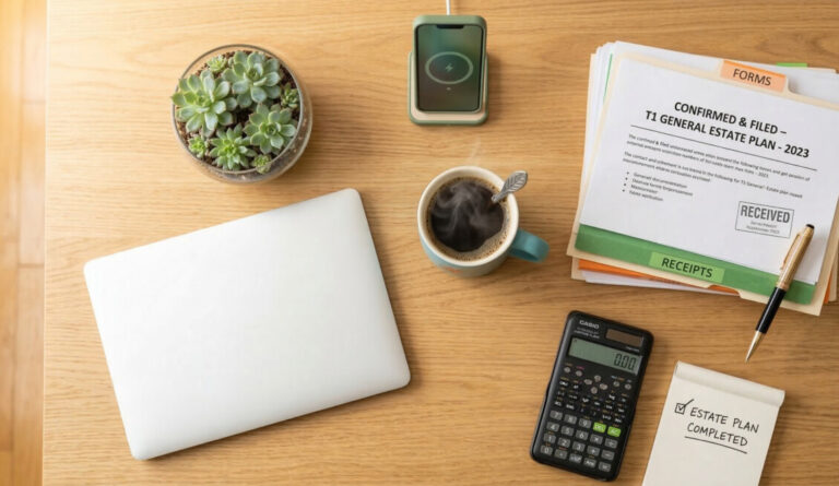 "A warm, inviting, top-down view of a tidy wooden desk. A steaming cup of coffee, a neat stack of legal documents labeled 'Estate Plan', a premium pen, and a small potted succulent. The lighting is bright and optimistic, evoking a sense of relief and accomplishment, using a subtle green and orange color palette." 
