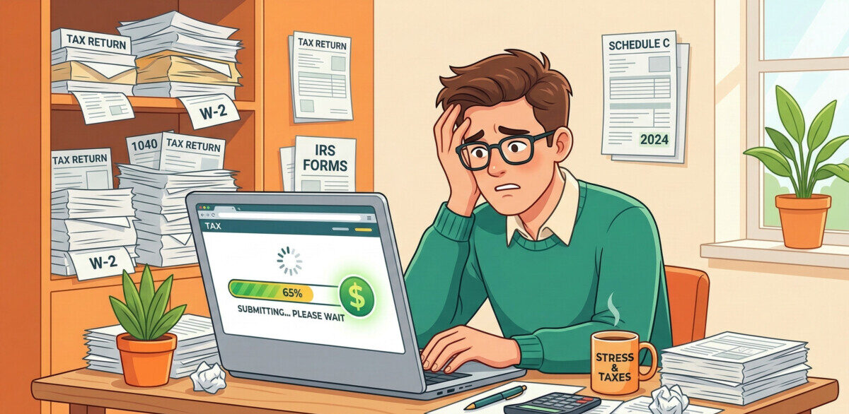 "A clean, modern illustration of a frustrated taxpayer looking at a laptop screen showing a loading bar next to a green dollar sign. In the background, stacks of paper tax forms are piled up. The color palette should primarily feature vibrant greens and warm oranges, with a friendly but professional vector art style."