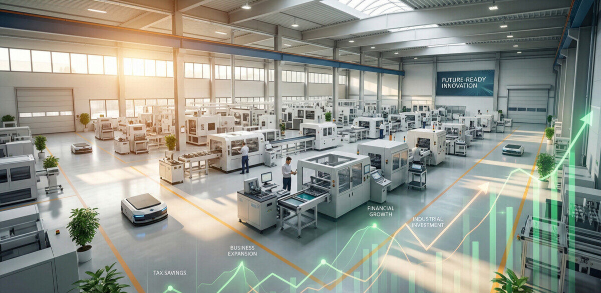 "A vibrant, high-quality photograph of a modern, clean manufacturing facility interior bathed in warm natural light, symbolizing growth and industrial investment. A subtle overlay of upward trending charts in a modern green and orange color scheme, representing financial tax savings and business expansion." 