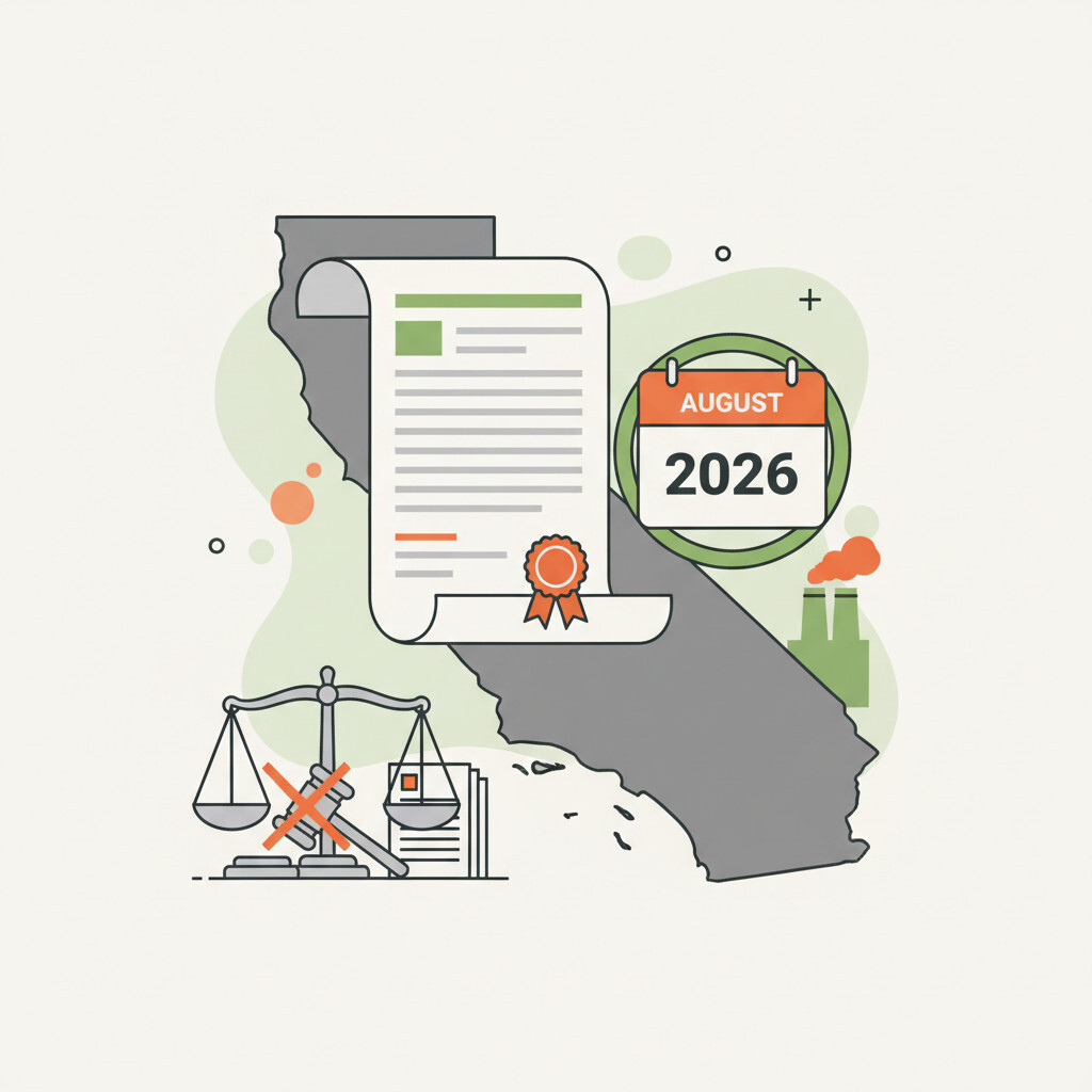 Illustration of CARB SB 253 August 2026 reporting deadline and SB 261 court injunction — California climate disclosure enforcement update