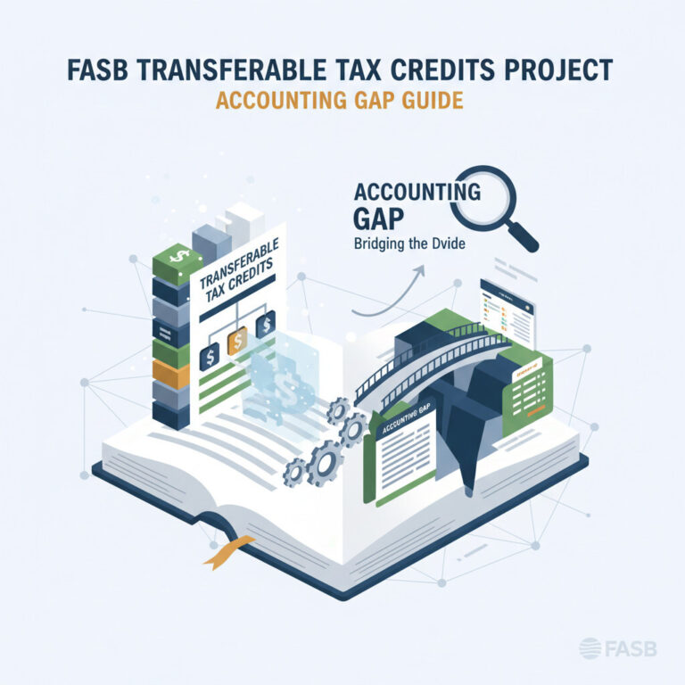 Illustration of FASB transferable tax credits accounting project — IRA, CHIPS, and OBBBA credit accounting gap, ASC 740 vs ASC 832 analogies, recognition triggers