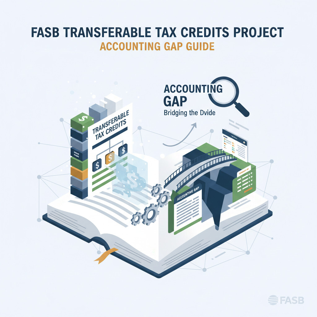 Illustration of FASB transferable tax credits accounting project — IRA, CHIPS, and OBBBA credit accounting gap, ASC 740 vs ASC 832 analogies, recognition triggers