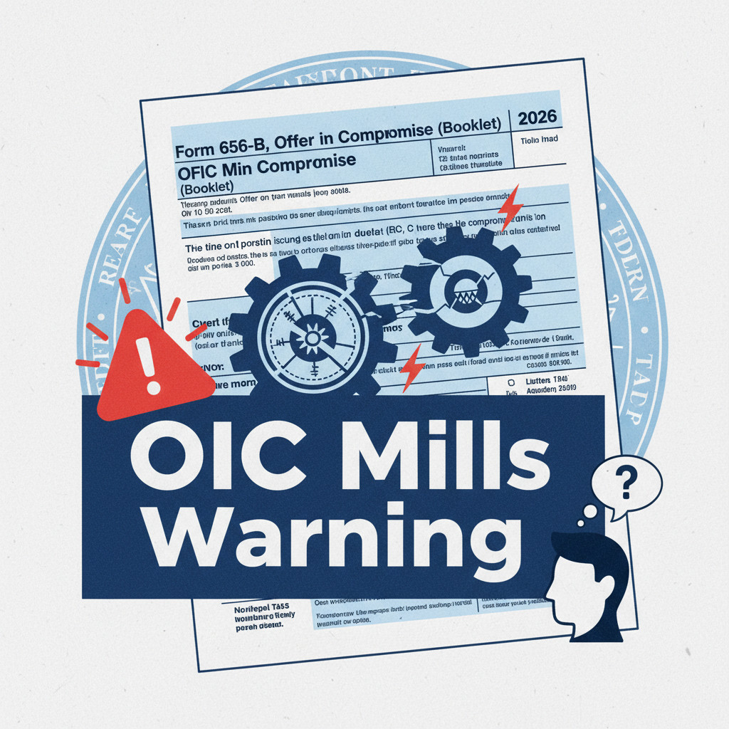 Illustration of IRS Offer in Compromise process — Form 656-B application, Reasonable Collection Potential calculation, and 2026 Dirty Dozen OIC mills warning