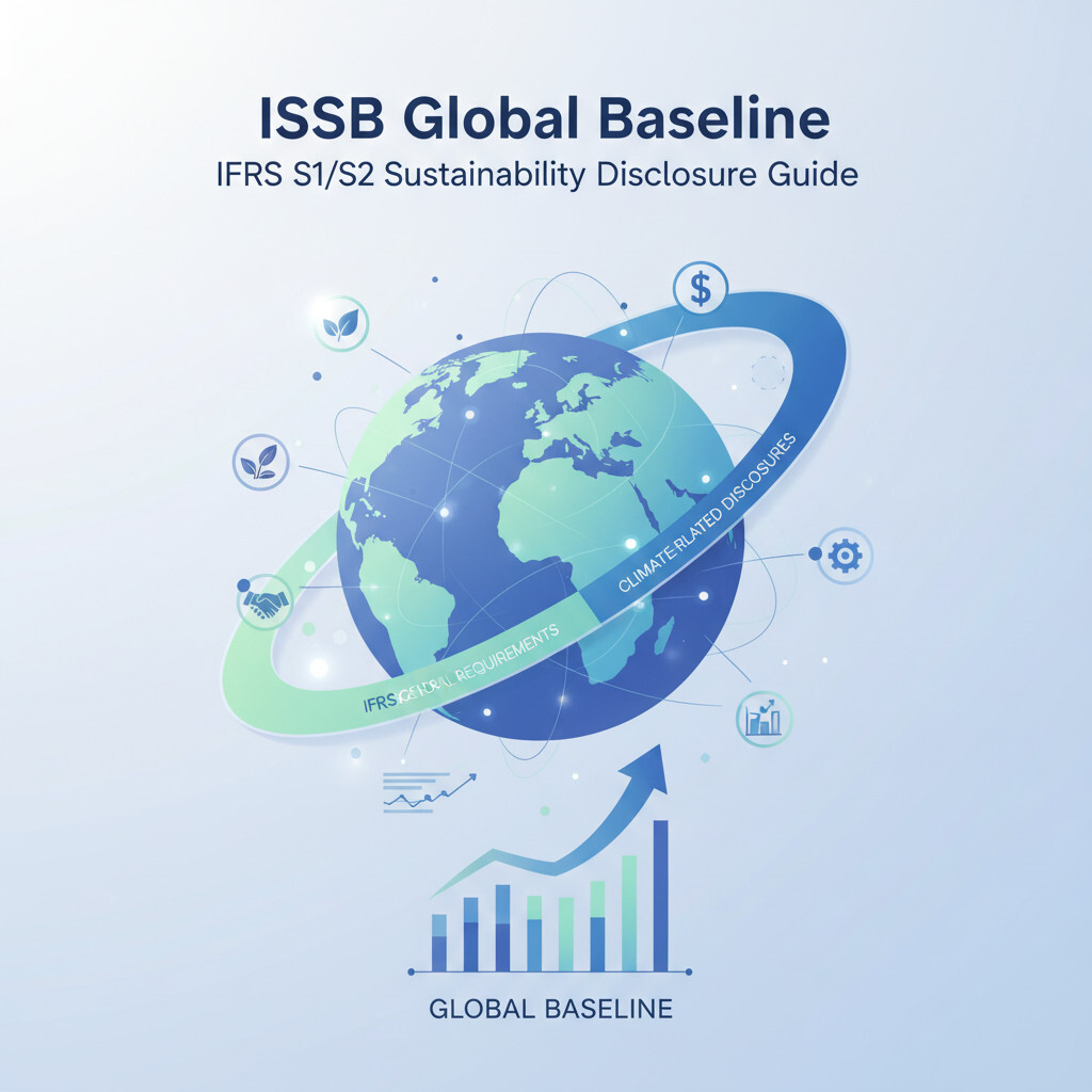 Illustration of the ISSB global baseline for sustainability disclosure — IFRS S1 and IFRS S2 four-pillar framework converging across China CSDS, EU CSRD, and US California SB 253/261