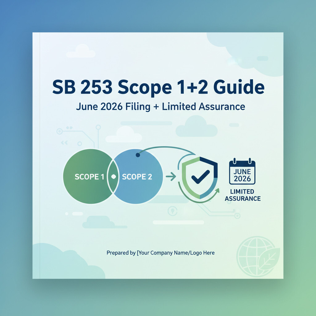 Illustration of California SB 253 Scope 1 and Scope 2 emissions measurement — GHG Protocol methodology, location-based vs market-based dual reporting, June 30 2026 filing