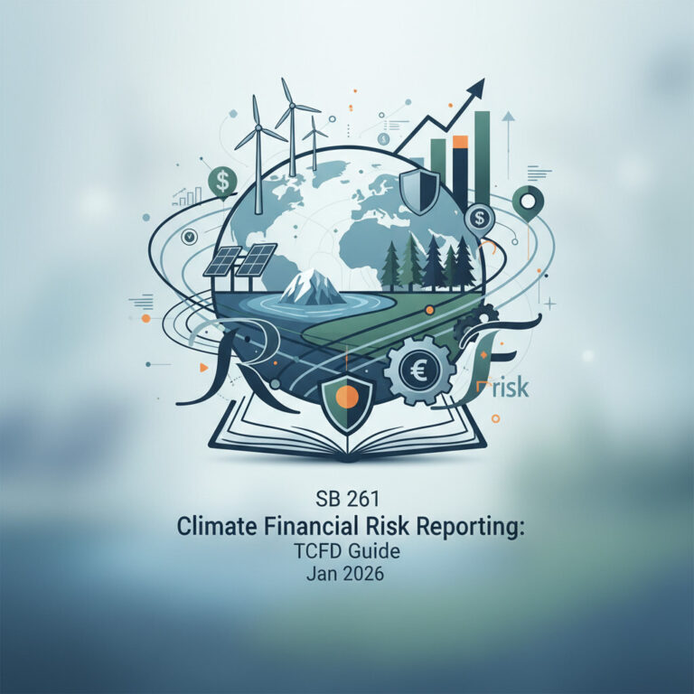 Illustration of California SB 261 climate-related financial risk reporting — TCFD four-pillar framework and January 1, 2026 first-cycle deadline
