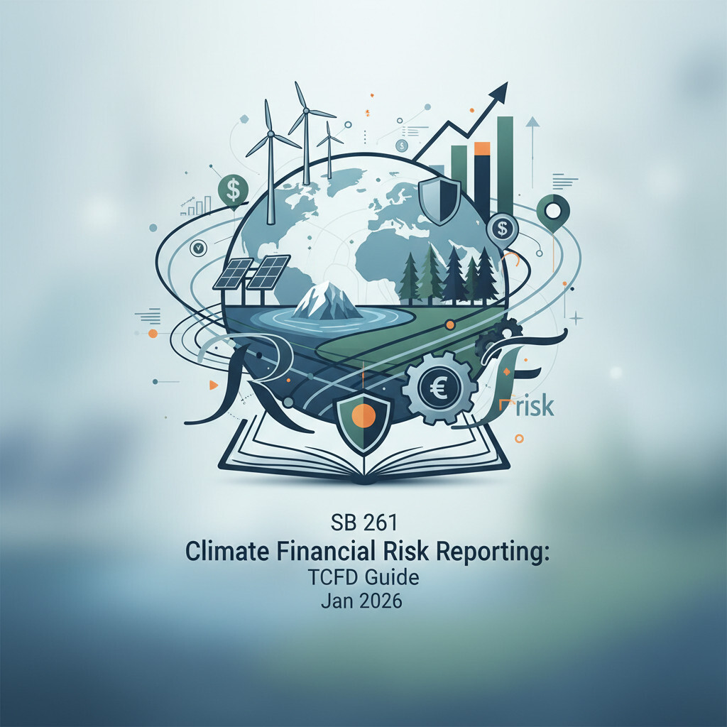 Illustration of California SB 261 climate-related financial risk reporting — TCFD four-pillar framework and January 1, 2026 first-cycle deadline