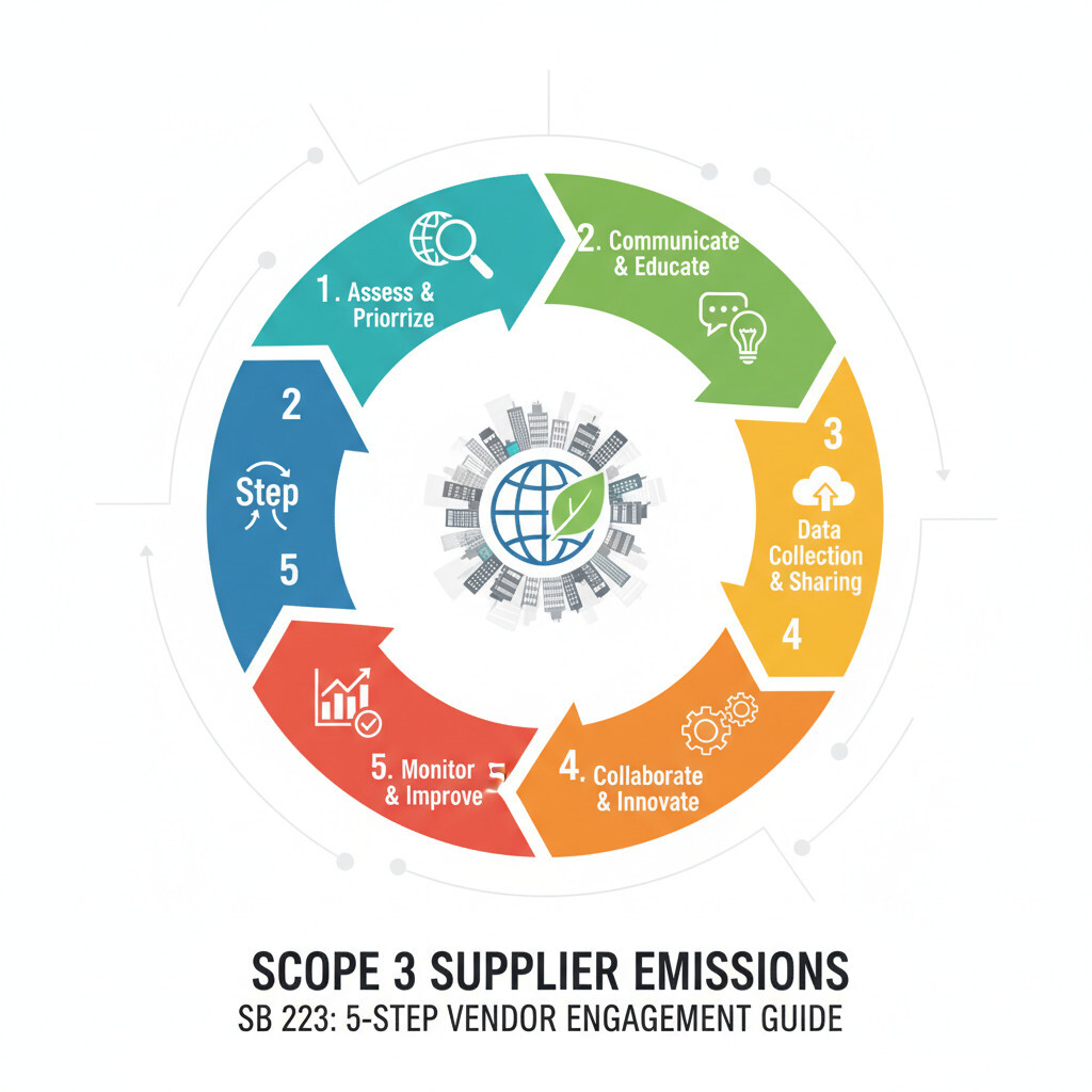 Illustration of Scope 3 supplier emissions reporting for California SB 253 — GHG Protocol value chain methodology and 5-step vendor engagement program