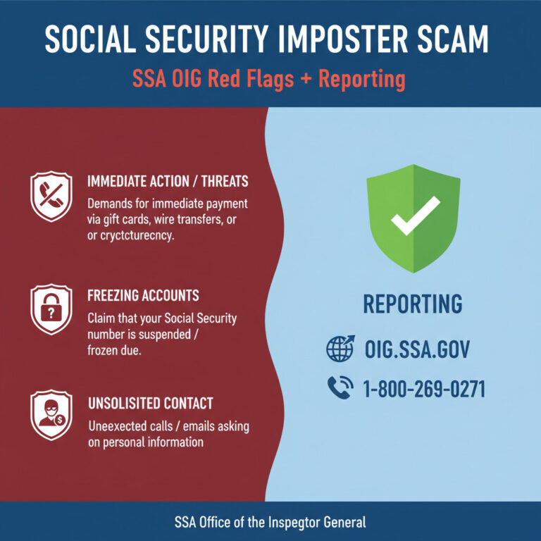 Illustration of Social Security imposter scam red flags — SSA OIG warning about doctored badge photos, gift card demands, and federal fraud reporting channels