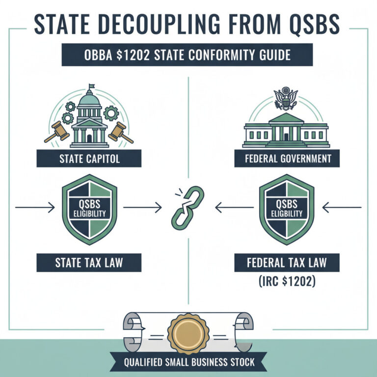 Illustration of state decoupling from federal QSBS section 1202 exclusion under OBBBA — Maine and Oregon decoupled, California taxes QSBS gains, state conformity risk for founders