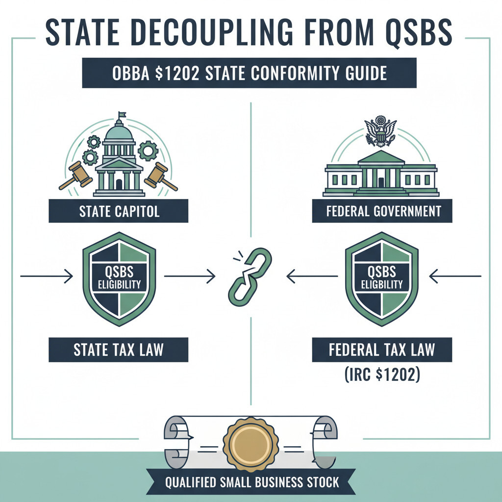 Illustration of state decoupling from federal QSBS section 1202 exclusion under OBBBA — Maine and Oregon decoupled, California taxes QSBS gains, state conformity risk for founders