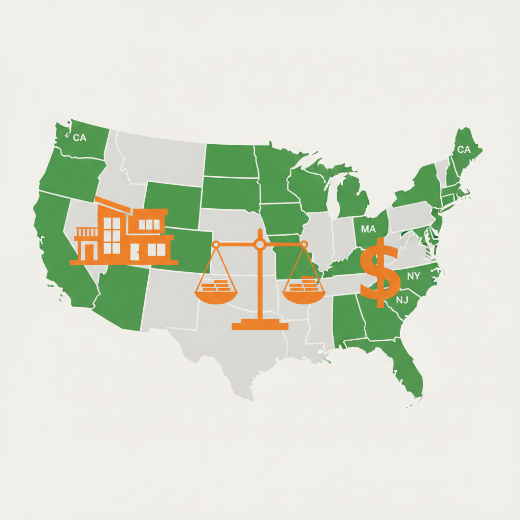 Illustration of US state wealth tax 2026 proposals — California billionaire ballot, NYC pied-à-terre, multistate HNW planning