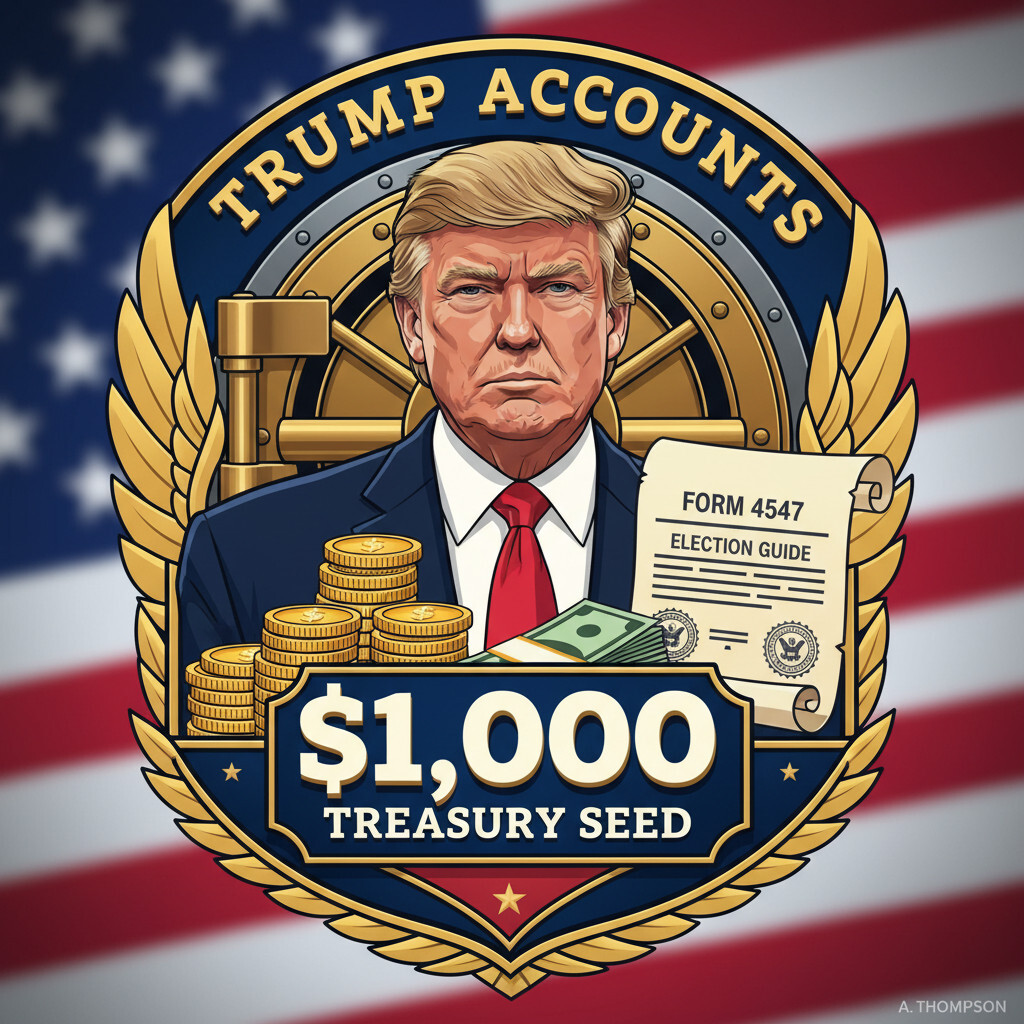 Illustration of Trump Accounts under the One Big Beautiful Bill — children's IRA with a one-time $1,000 Treasury seed for kids born 2025-2028 and Form 4547 election via IRS Individual Account