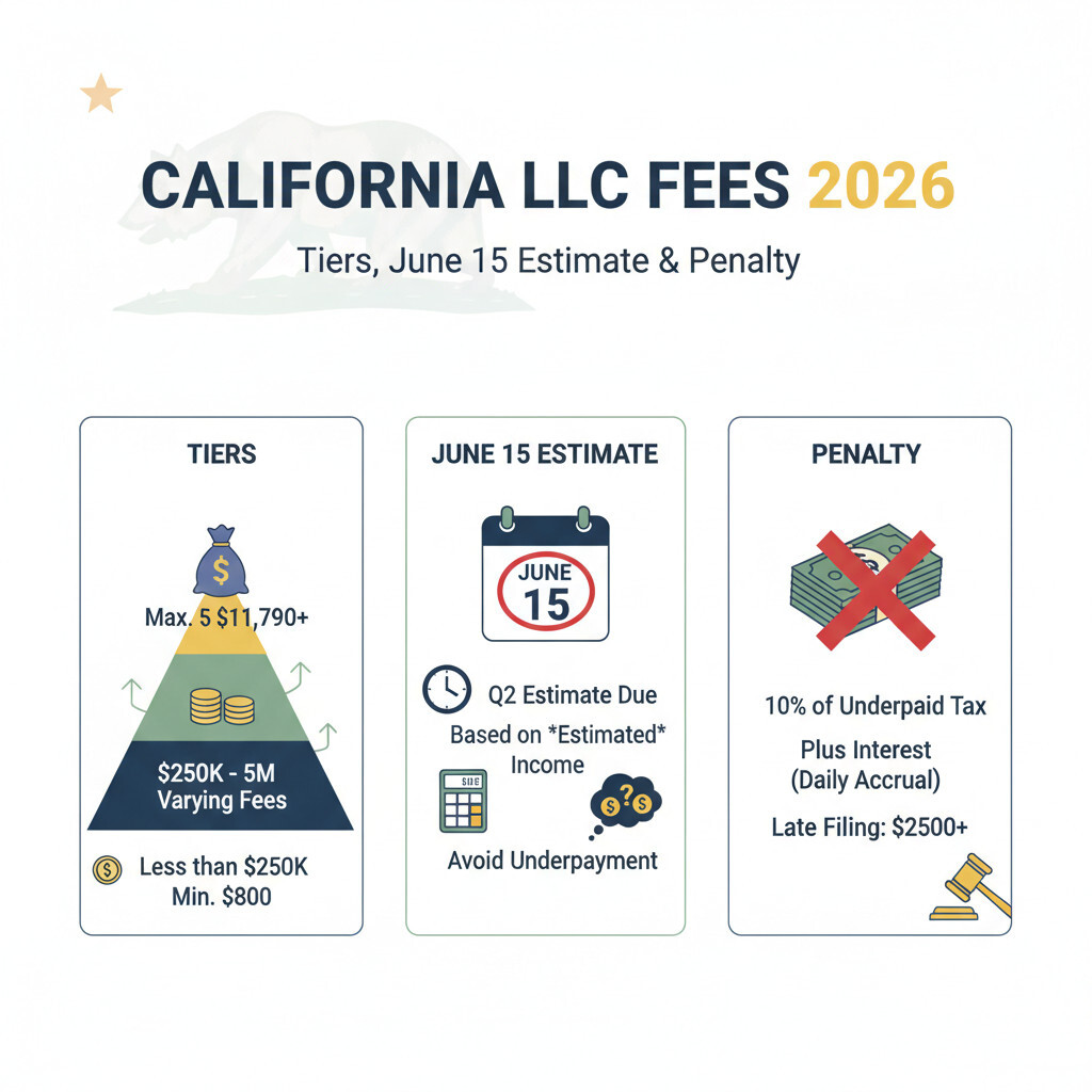 Illustration of the California LLC fee under R&TC section 17942 — income tiers from $900 to $11,790, the June 15 Form 3536 estimate, and the prior-year safe harbor