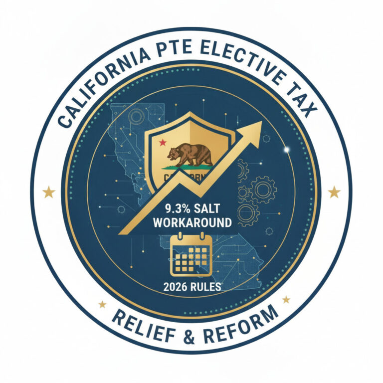 Illustration of the California PTE elective tax — 9.3% entity-level SALT cap workaround, the June 15 payment, and the new 2026 12.5% credit reduction rule