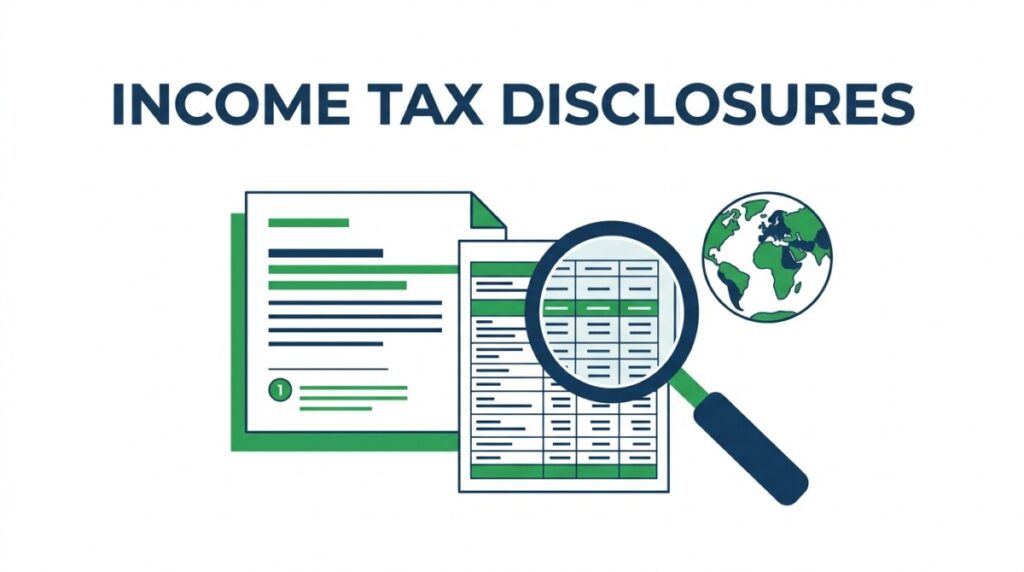 Illustration of FASB ASU 2023-09 new income tax disclosures under Topic 740 — a financial statement footnote with a tax table and a globe showing income taxes paid by jurisdiction