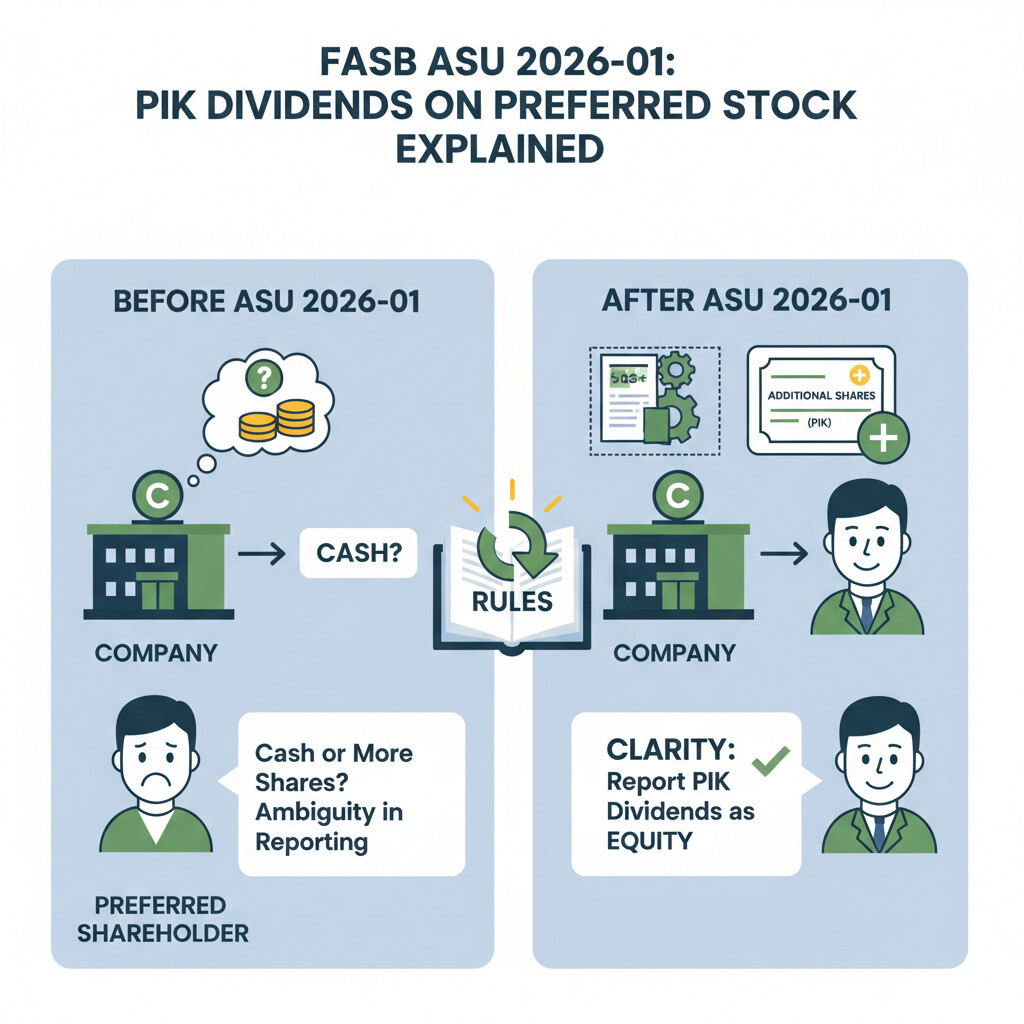 Illustration of FASB ASU 2026-01 — initial measurement of paid-in-kind PIK dividends on equity-classified preferred stock at the stated rate under Topic 505