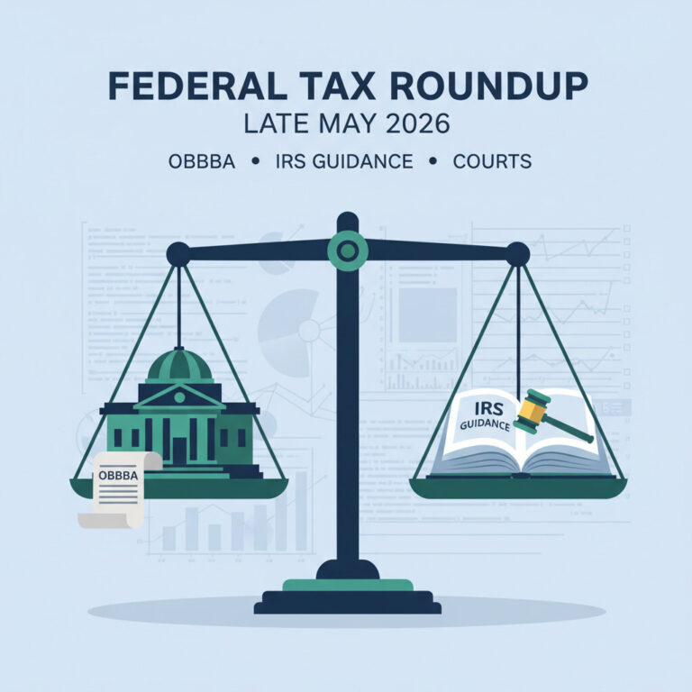 Illustration of late May 2026 federal tax roundup — JCT OBBBA report, Treasury IRS guidance T.D. 10048 and Notice 2026-33, House tax bills, and Tax Court section 6038(b) rulings