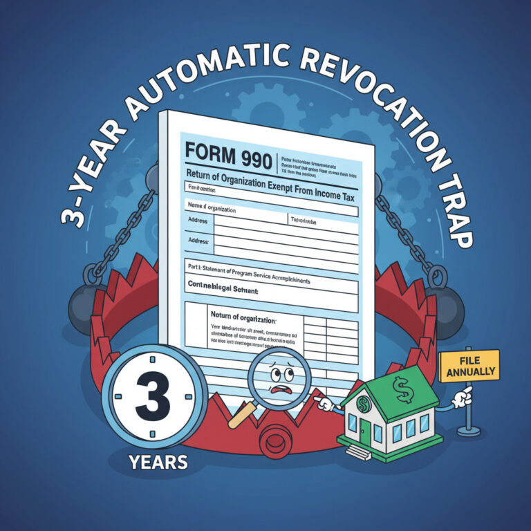 Illustration of Form 990 filing requirements and the IRC section 6033(j) three-year automatic revocation trap for tax-exempt nonprofit organizations