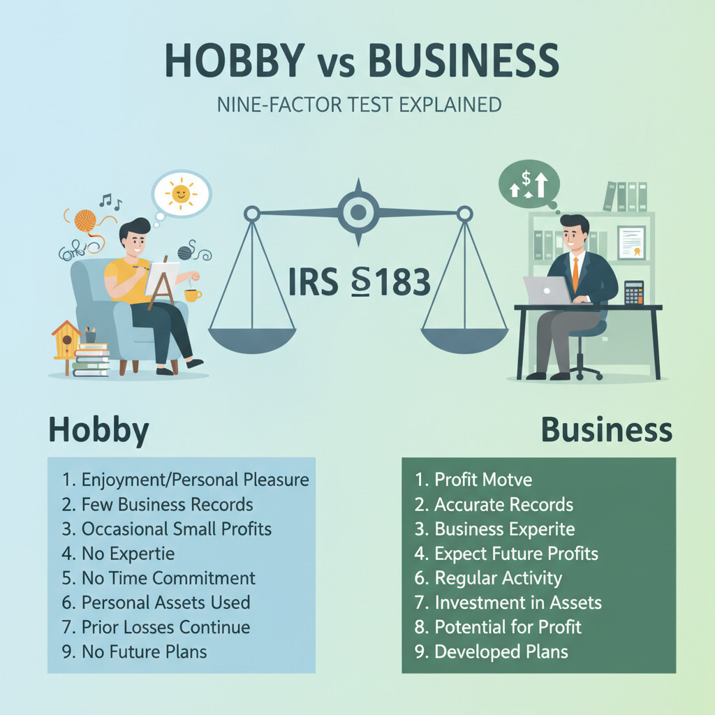 Illustration of the IRS hobby vs business determination under IRC section 183 — the nine-factor profit-motive test and the 3-of-5 year profit presumption