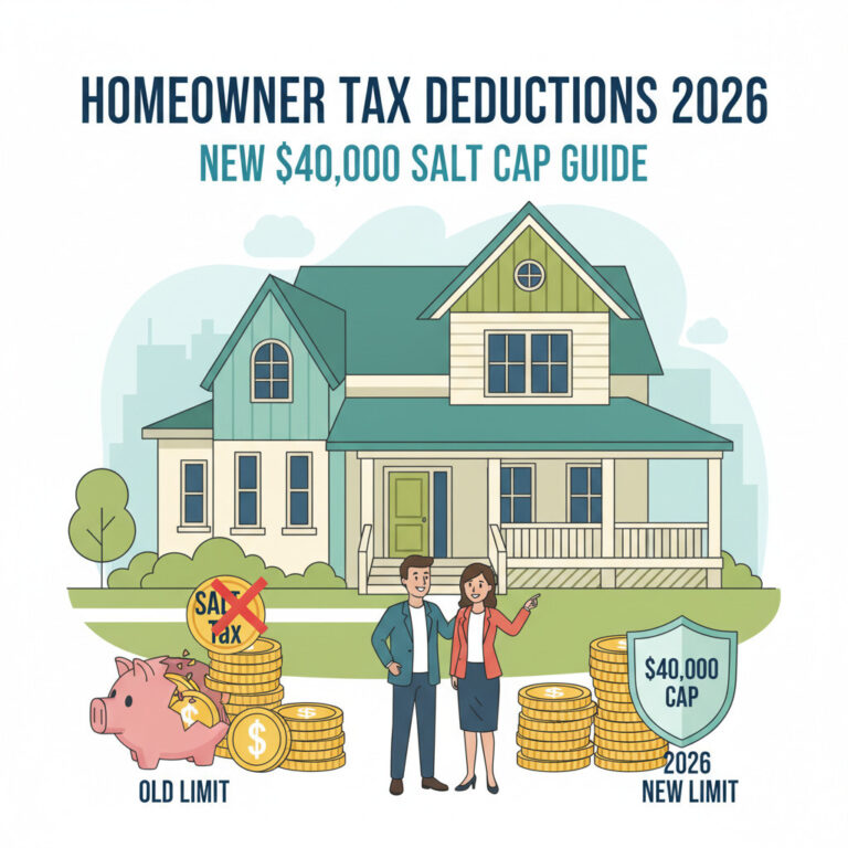 Illustration of 2026 homeowner tax deductions — the new $40,000 SALT cap on real estate taxes, mortgage interest limits, and non-deductible home costs on IRS Schedule A