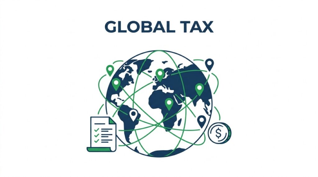 Illustration of a June 2026 international tax roundup — OECD Pillar Two global minimum tax, EU Court of Justice rulings, and country-level corporate rate changes
