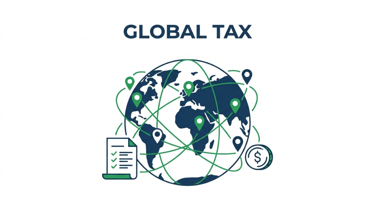 Illustration of a June 2026 international tax roundup — OECD Pillar Two global minimum tax, EU Court of Justice rulings, and country-level corporate rate changes