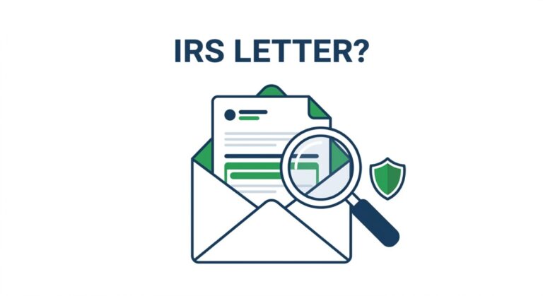 Illustration of how to handle an IRS notice or letter — review against your return, act only if needed, keep records three years, and scam red flags