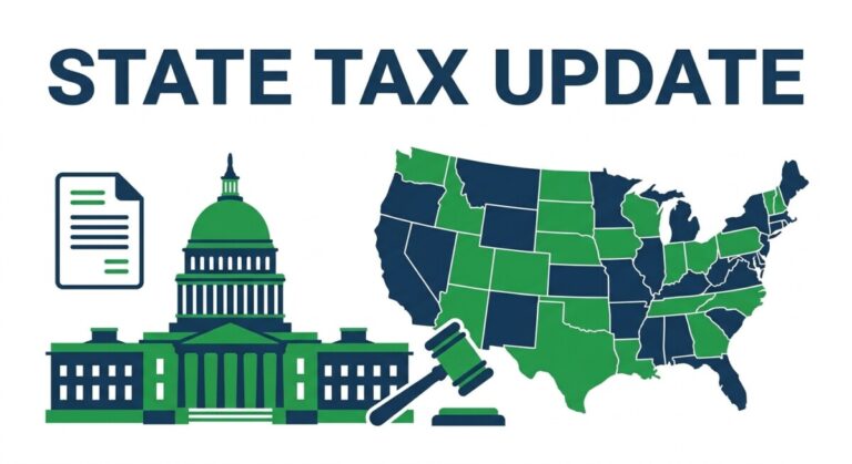 Illustration of a June 2026 multistate tax roundup — California apportionment at the Supreme Court, New York's enacted budget, and the BATSA federal nexus bill